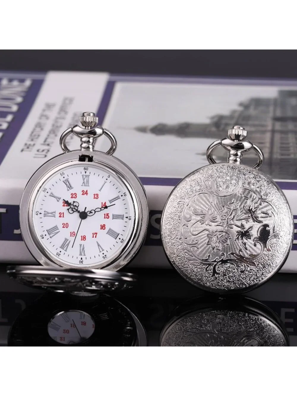 Men's Silver Quartz Engraved Wave Pattern Arabic Numerals Chain Pocket Watch